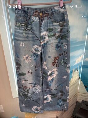 Floral Print Wide-Leg Women's Jeans in Blue